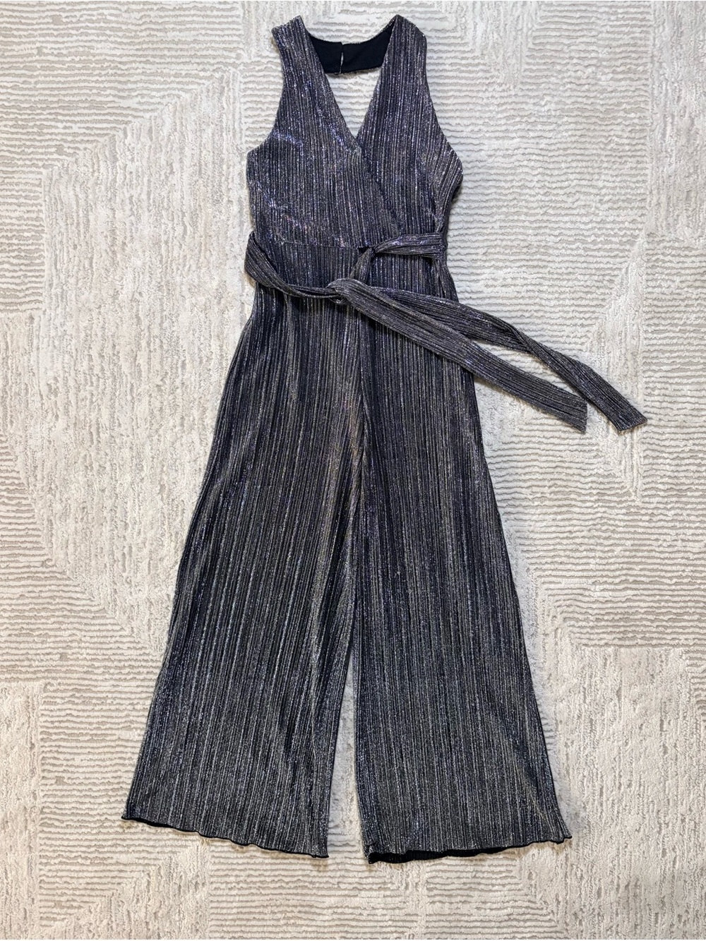 Metallic V-Neck Belted Jumpsuit